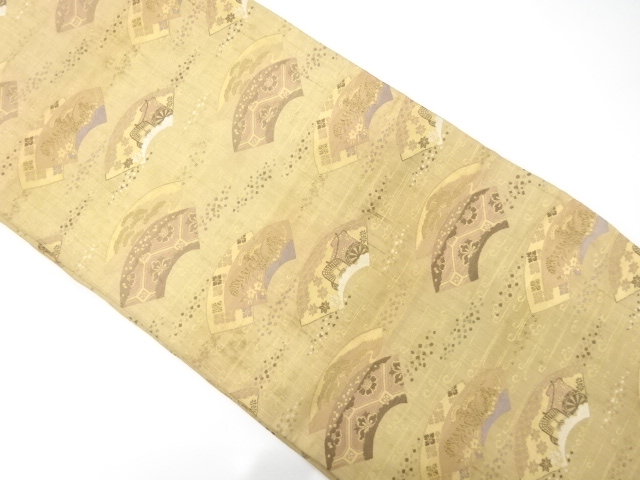 アンティーク　地紙に御所車・花模様織り出し全通袋帯（材料）